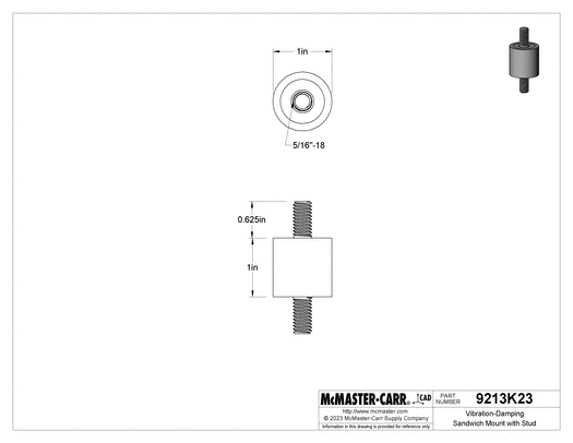 Technical drawing of Vibration-Damping Sandwich Mount with Stud, Neoprene, 5/16"-18 x 5/8" Thread Length, 45 lbs. Capacity, 1" High.