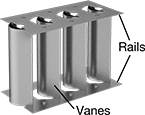 Image of ProductInUse. Shown Cut and Assembled. Front orientation. Contains Annotated. Duct Turning Vanes.