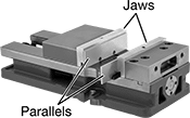 Image of ProductInUse. Front orientation. Contains Annotated. Vise Jaws. Milling-Machine Vise Jaws with Changeable Parallels.