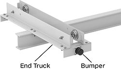 Image of ProductInUse. Shown Installed on an Overhead Bridge Crane. Front orientation. Contains Annotated. Crane Bumpers.