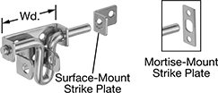 Image of Product. Style B. Front orientation. Contains Annotated, Inset. Style B. Easy-Grip Lift-and-Drop Barrel Padlockable Slide-Bolt Latches.