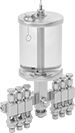 Image of Product. 6 Outlets. Front orientation. Oil Dispensers. Multiple-Outlet Oil Dispensers with Flow-Adjustment Valves, 6 Oil Outlets—For 1/4" OD Oil Outlet Tubes.