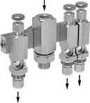 Image of Product. Front orientation. Contains Annotated. Flow-Adjustment Valve Manifolds. 3 Oil Outlets.