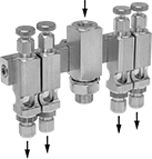 Image of Product. Front orientation. Contains Annotated. Flow-Adjustment Valve Manifolds. 4 Oil Outlets.