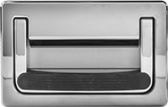 Image of Product. Chrome-Plated Zinc. Front orientation. Pull Handles and Knobs. Threaded-Hole-Mount Recessed Folding Pull Handles with Mounting Plate, Rectangular Grip with Spring-Loaded Hinge, Chrome-Plated Zinc.