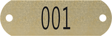 Image of Product. Front orientation. Sequentially Numbered Plates, 304 Stainless Steel Rectangle, 5/8" x 1-15/16", Characters 001-010.