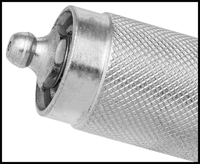 Image of Specification. Spring Collar Shown Retracted. Front orientation. ZoomedIn view. Contains Border. Rigid Grease-Dispensing Tip Extension, 7.5" Long.