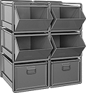 Image of ProductInUse. Six Bin Boxes on Racks. Front orientation. Bin Racks. Extra-Large Stackable Bin-Box Racks.