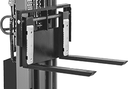 Image of ProductInUse. Shown Installed on Forklift Forks. Front orientation. Forklift Bumpers.