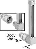 Image of Product. Male 90° Elbow with Swivel Fitting. Front orientation. Exploded, ZoomedIn view. Contains Annotated, Inset. Liquid-Level Gauges. Oil-Level Indicators, Brass 90° Elbow, Male, Vent, Swivel Fitting.