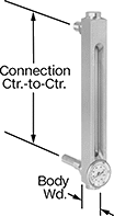 Image of Product. Front orientation. Contains Annotated. Liquid-Level Gauges. High-Pressure Oil-Level and Temperature Indicators, Through-Wall Mount.