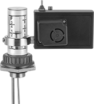 Image of ProductInUse. Direct-Mount Alarm Shown with Gauge. Front orientation. Liquid-Level Gauge Alarms. Liquid-Level Gauges for Drums, Direct, Alarms.