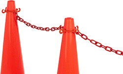 Image of ProductInUse. Shown on Cone with Chain (Sold Separately). Front orientation. Chain Barrier Connectors. Traffic Cone Chain Barrier Connectors.