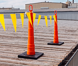Image of ProductInUse. Shown with Pennants (Sold Separately). Front orientation. Traffic Posts. Roof Warning Line Posts.