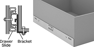 Image of ProductInUse. Shown Mounted Inline with Drawer Slide. Front orientation. Contains Annotated, MultipleImages. Brackets. Drawer Slides, Clip On.