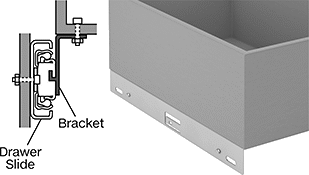 Image of ProductInUse. Shown Mounted Above Drawer Slide. Front orientation. Contains Annotated, MultipleImages. Brackets. Drawer Slides, Clip On.