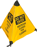 Image of Product. Front orientation. Signs. Collapsible Restricted Area Signs, Do Not Enter—Restroom Closed for Cleaning (English).