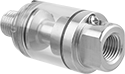 Image of Product. Male Outlet with Clear Bowl. Front orientation. Compressed Air Lubricators. Compressed Air Lubricators for Air-Powered Tools, Male Outlet, Clear Bowl.