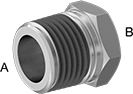 Image of Product. Male × Female. Front orientation. Contains Annotated. Pipe and Fittings. Low-Pressure Galvanized Iron and Steel Threaded Pipe Fittings with Sealant, Bushing Straight Reducing Adapters, Male, Threaded Fitting Connection, Female, Hex Body.