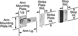 Image of Product. Front orientation. Contains Annotated. Toilet Partition Latches. Swinging-Bar Toilet Partition Latches.