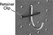 Image of ProductInUse. Front orientation. Contains Annotated. Pegboard Hook Retainers.