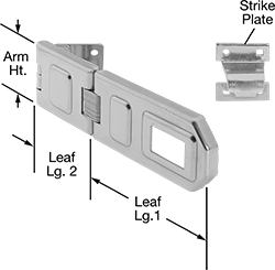 Image of Product. Front orientation. Contains Annotated. Hasps. Pry-Resistant Long-Reach Padlockable Corner Hasps, Style B.