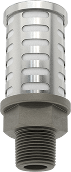 Image of Product. Top orientation. High-Noise-Reducing Muffler, with Aluminum Fitting, 3/4 Pipe Connection.