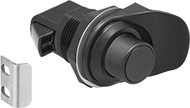 Image of Product. Front orientation. Push-to-Close Latches. Push-to-Close Latches with Push-Button Release, Latches with Fixed Latching Distance—Through-Hole Mount, Latches with Parallel Pull Tab.