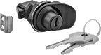 Image of Product. Latch with Pull Tab. Front orientation. Push-to-Close Latches. Keyed Push-to-Close Locking Latches with Push-Button Release, Keyed Alike, Through-Hole Mount—Screw On, Black Plastic with Pull Tab.