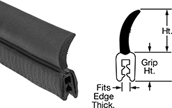 Image of Product. Front orientation. CrossSection view. Contains Annotated, MultipleImages. Edge Seals. Water- and Weather-Resistant Rubber Push-On Edge Seals with Rubber Wiper, Style F.
