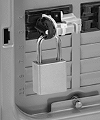Image of ProductInUse. Lockout with Cable Tie Slot Shown Installed (Padlock Not Included). Front orientation. Cable Tie Slot. Tie-Bar Circuit Breaker Lockouts.