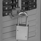Image of ProductInUse. Shown Installed (Padlock Not Included). Front orientation. Lockouts. Clamp-On Circuit Breaker Lockouts, Style A.