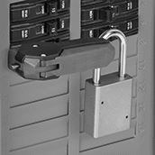 Image of ProductInUse. Shown Installed (Padlock Not Included). Front orientation. Lockouts. Clamp-On Circuit Breaker Lockouts, Style E.