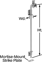 Image of Product. Bolt with Strike Plate. Front orientation. Contains Annotated. 2 3/4" Mortise-Mount Strike Plate Width. Long-Reach Slide-Bolt Latches .