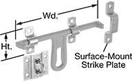 Image of Product. Front orientation. Contains Annotated. Slide-Bolt Latches. Easy-Grip Lift-and-Drop Barrel Padlockable Slide-Bolt Latches, Style C.