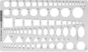 Image of Product. Circle, Hexagon, Isometric Ellipse. Front orientation. Stencils. Symbol Drafting Stencils, Circle, Hexagon, Isometric Ellipse (25°, 35°, 45°, and 60° Projections), Square, Triangle.