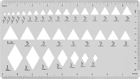 Image of Product. Front orientation. Symbol Drafting Stencil, for 3/32" to 1" Triangles and Diamonds.
