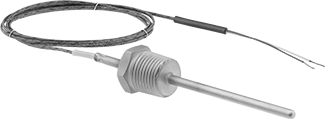 Image of Product. Front orientation. Threaded Thermocouple Probe for Liquids and Gases, Wire Leads, Type K, 1/2 NPT Male, 6" Long, 900°F Maximum .