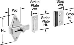 Image of Product. Front orientation. Contains Annotated. Toilet Partition Latches. Slide-Bolt Toilet Partition Latches.
