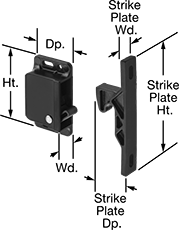 Image of Product. Surface Mount. Front orientation. Contains Annotated. Push-to-Close Latches. Vibration-Resistant Grab Latches, Spring Grab, Surface Mount—Screw On.