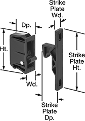 Image of Product. Mortise Mount. Front orientation. Contains Annotated. Push-to-Close Latches. Vibration-Resistant Grab Latches, Spring Grab, Mortise Mount—Press Fit.