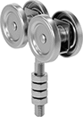Image of Product. 2 Rollers. Front orientation. Door Tracks and Fittings. Curved Roller Tracks for&nbsp;Doors,&nbsp;Curtains,&nbsp;and Strip Doors, Hangers with Bolt, For 600 lb. Track Capacity, 2 Rollers.