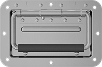 Image of Product. Style 6. Front orientation. Pull Handles and Knobs. Unthreaded Through-Hole-Mount Recessed Folding Pull Handles with Mounting Plate, Style 6—Round Grip with Spring-Loaded Hinge.