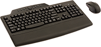Image of Product. Standard Keyboard and Mouse with Wrist Rest. Front orientation. Keyboards. Wireless Keyboards, Keyboards and Mice, Black, Padded Wrist Rest.