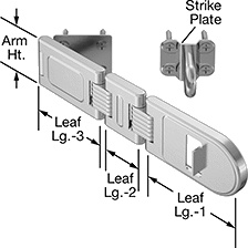 Image of Product. Front orientation. Contains Annotated. Hasps. Long-Reach Padlockable Corner Hasps, Style B.