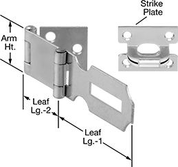 Image of Product. Front orientation. Contains Annotated. Hasps. Long-Reach Padlockable Corner Hasps, Style A.