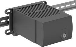 Image of ProductInUse. Fan Heater with Adjustable Thermostat and Black Plastic Housing. Front orientation. Black Housing. DIN-Rail Enclosure Space Heaters , Adjustable Actuation Point, Thermostat Control.