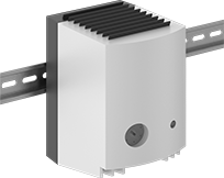 Image of ProductInUse. Fan Heater with Adjustable Thermostat and Gray Plastic Housing. Front orientation. Gray Housing. DIN-Rail Enclosure Space Heaters , Adjustable Actuation Point, Thermostat Control.