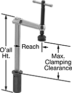 Image of Product. Front orientation. Contains Annotated. Bar Clamps. Drop-In Bar-Style Hold-Down Clamps for Workholding Tables, For Square Holes.
