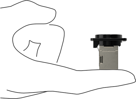 Image of Product. Side1 orientation. Contains SizingReference. Panel-Mount RJ45 Adapter, Shielded Screw-on, Zinc, Category 6A, 4-40 UNC Holes.